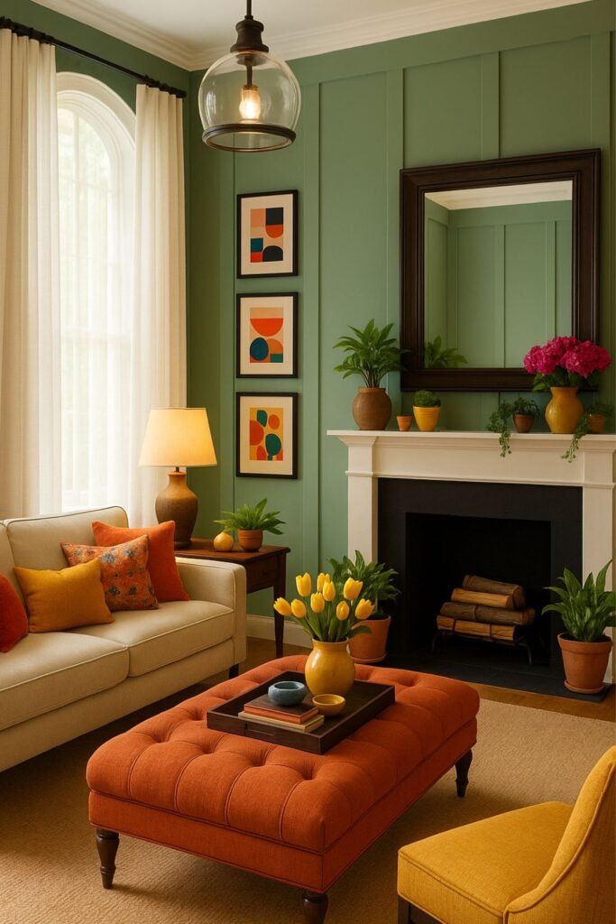 Living room with green panelled walls, sheer white curtains, and vibrant orange and yellow decor.