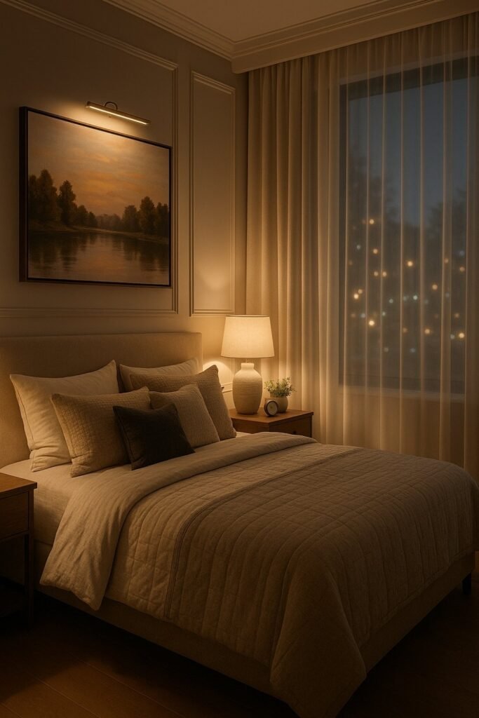 Cozy bedroom at night with sheer curtains and visible outdoor lights softly glowing through the fabric.