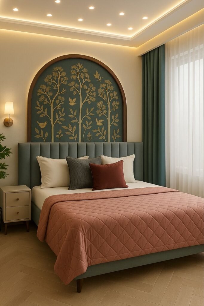 Sophisticated bedroom with an arched botanical wall panel, muted green curtains layered with sheer drapes, and a tufted bed with warm-toned bedding.