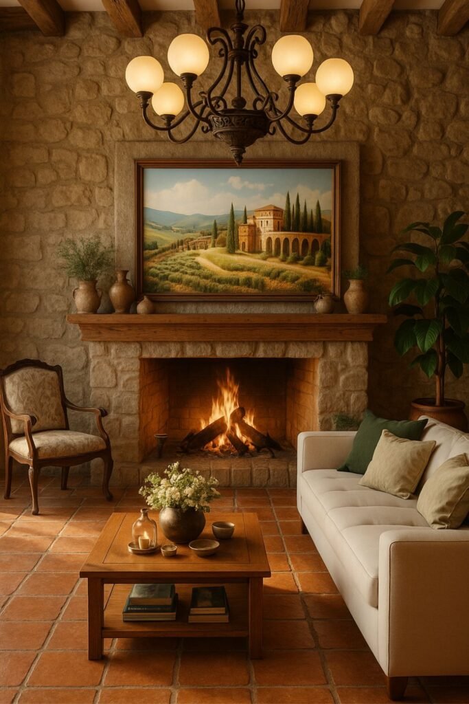 Warm Tuscan-style living room with stone fireplace, wooden beams, and cozy neutral furniture.