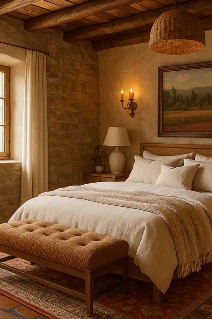 Tuscan bedroom with stone wall, wood beams, and warm neutral bedding.