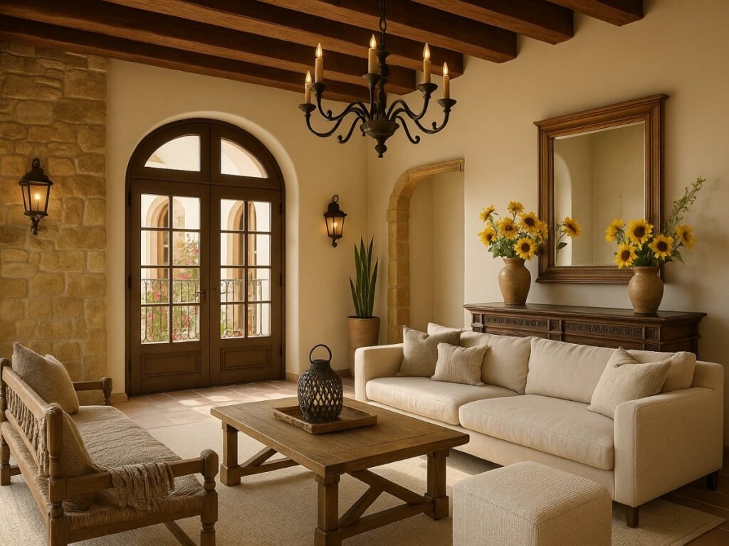 Bright Tuscan-style sitting room with stone accent wall, wood beams, and sunflowers in terracotta vases.