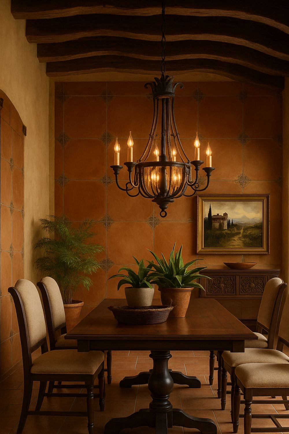 Tuscan dining room with arched beams, terracotta wall tiles, and wrought iron chandelier