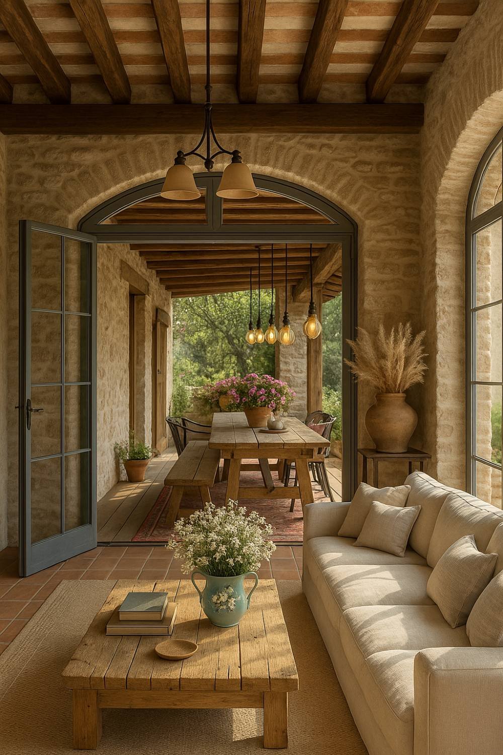 Tuscan-style patio with open arches, rustic stone walls, and indoor-outdoor flow