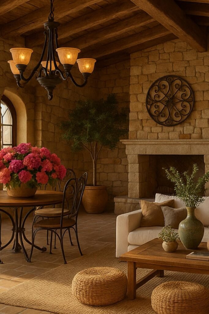 Tuscan-style open space with round iron dining set, rustic chandelier, natural stone walls, and cozy seating with terracotta flooring.