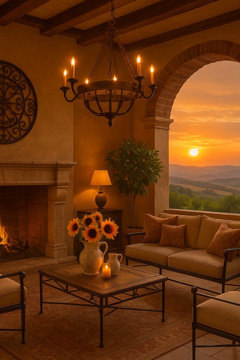 Wrought iron chandelier and furniture in a Tuscan patio at sunset