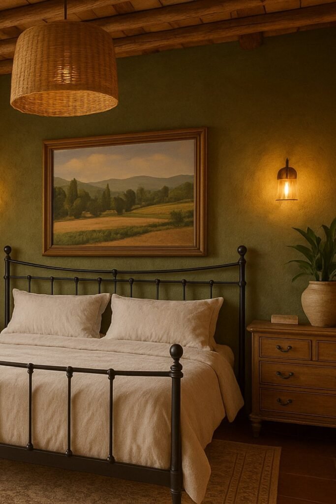 Tuscan bedroom with green plaster walls, iron bed, and rustic wood ceiling beams.