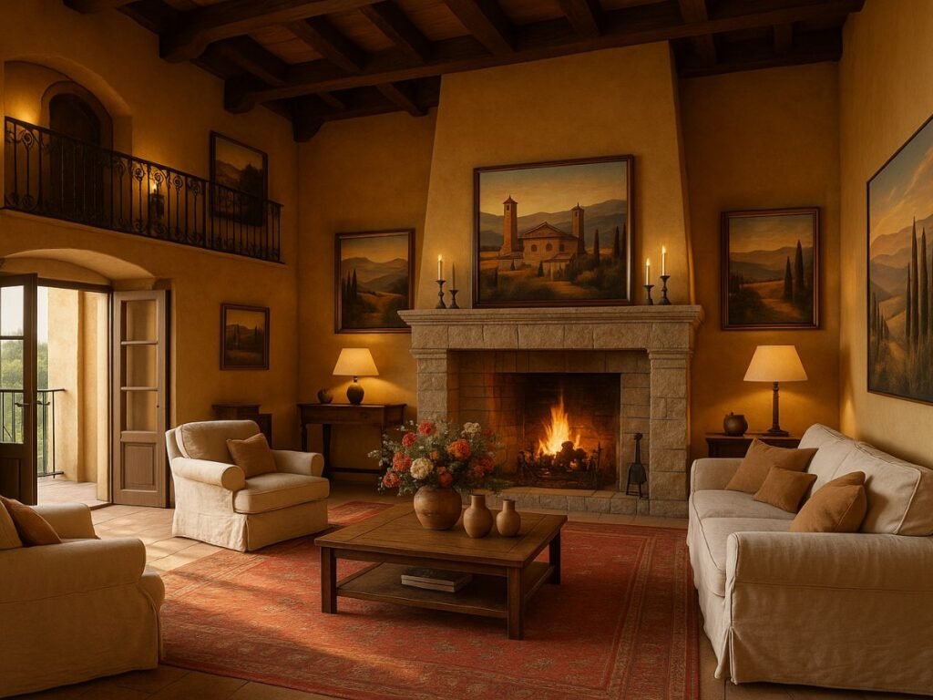 Warm Tuscan-style living room with stone fireplace, wooden beams, and cozy neutral furniture.