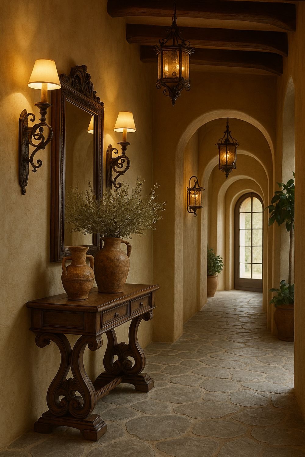 Tuscan hallway with stone flooring, arched doorways, and antique console table