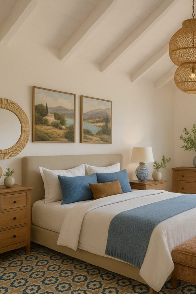 Mediterranean bedroom with white walls, blue accents, patterned floor tiles, and rustic wooden decor.