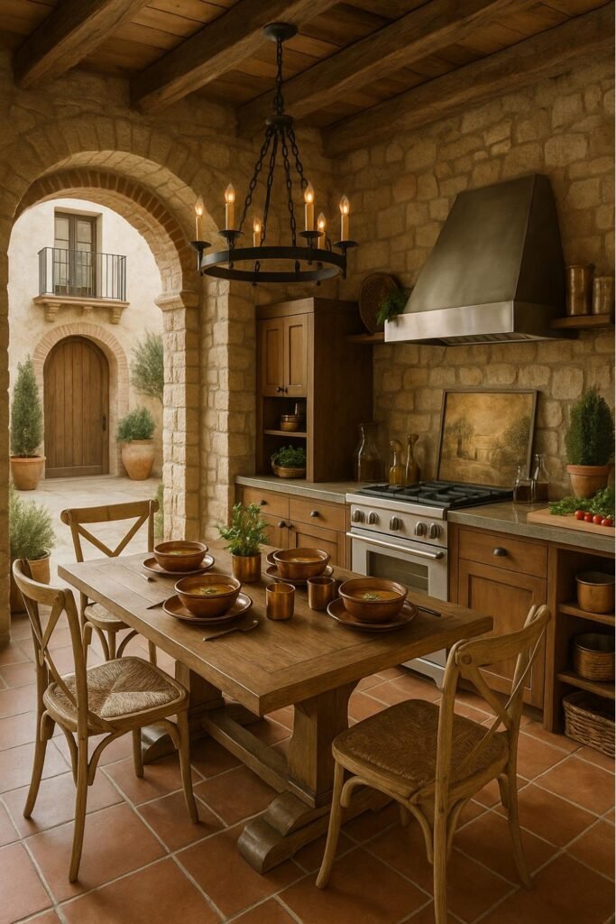 Tuscan kitchen featuring stone walls, rustic wooden cabinetry, terracotta floors, and farmhouse-style dining table