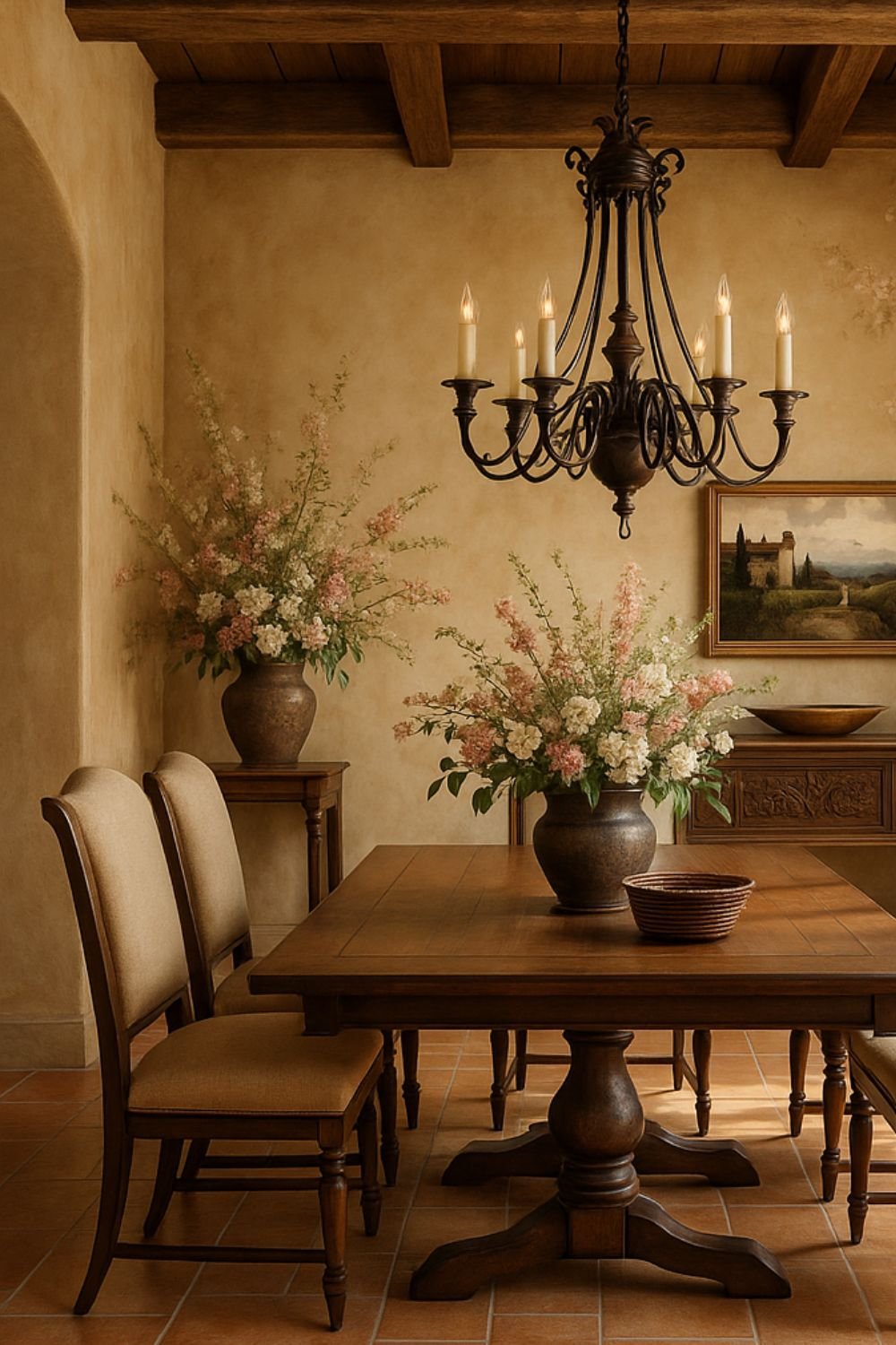 Classic Tuscan dining room with dark wood furniture and floral arrangement