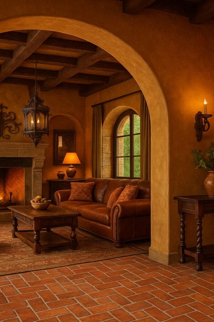 Traditional Tuscan living room with arched walls, brick flooring, cozy fireplace, and leather furniture in rich earthy tones
