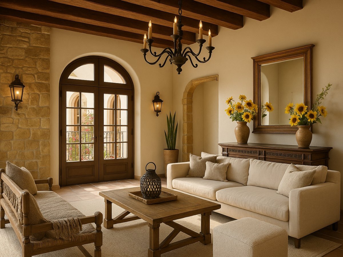 Bright Tuscan-style sitting room with stone accent wall, wood beams, and sunflowers in terracotta vases.