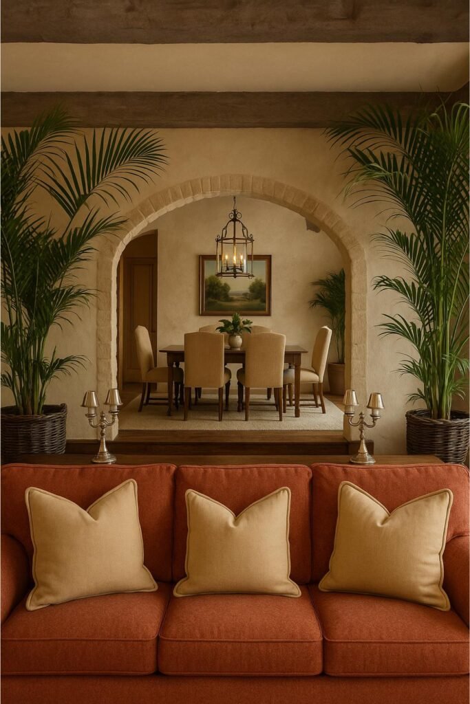 Elegant Tuscan dining space with arched stone entry and warm terracotta tones