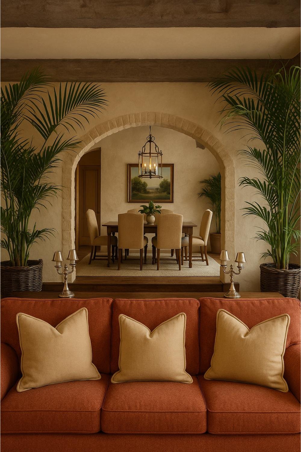Elegant Tuscan dining space with arched stone entry and warm terracotta tones