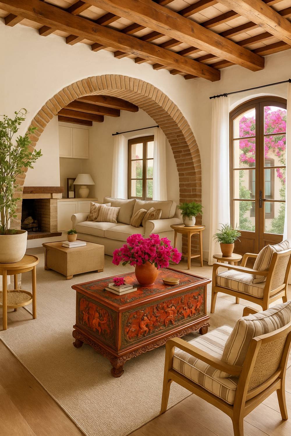 Airy Mediterranean living room with arched entry, white walls, and terracotta accents