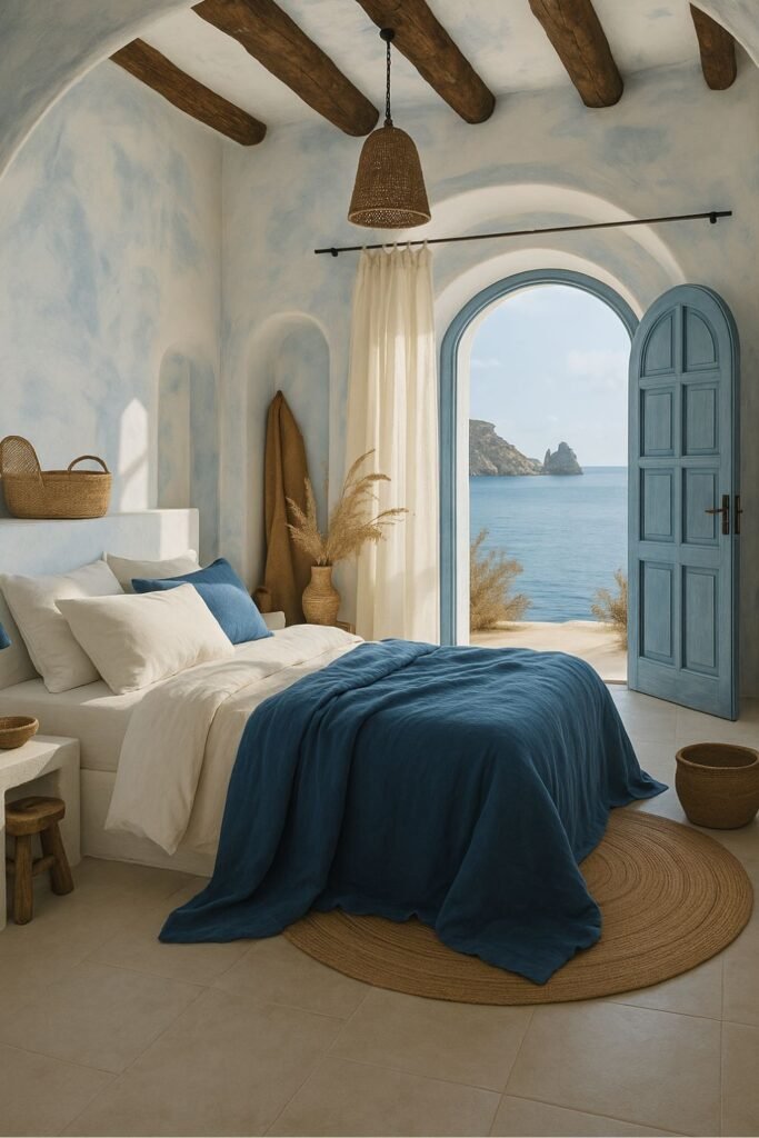 Serene Mediterranean bedroom with sea view, blue door, and natural textures