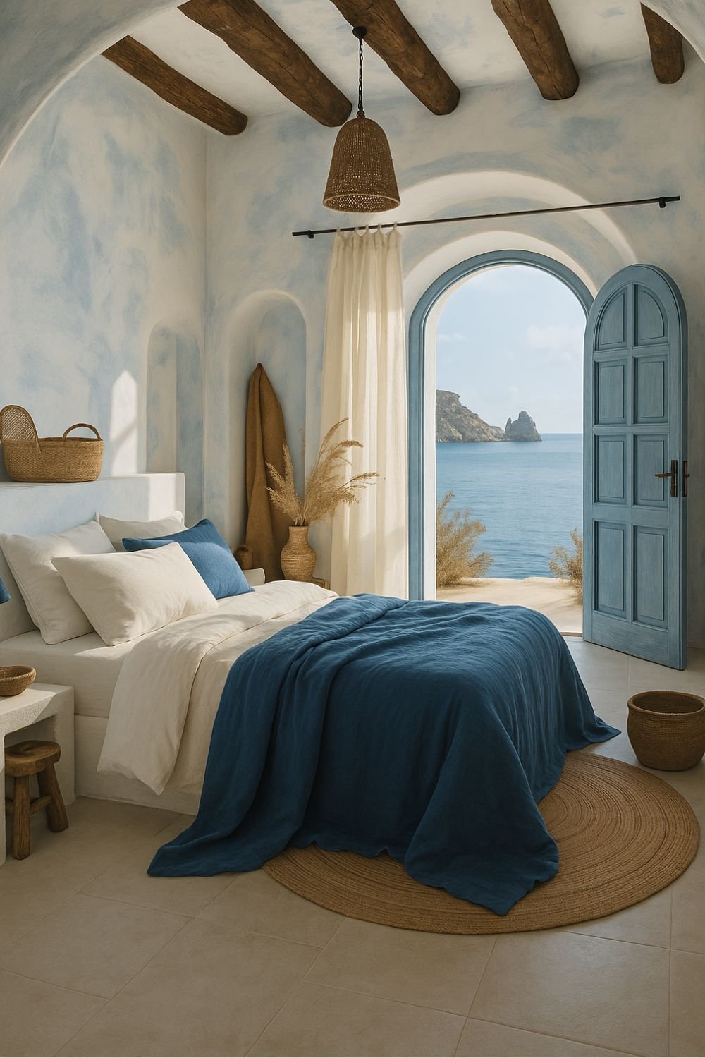 Serene Mediterranean bedroom with sea view, blue door, and natural textures