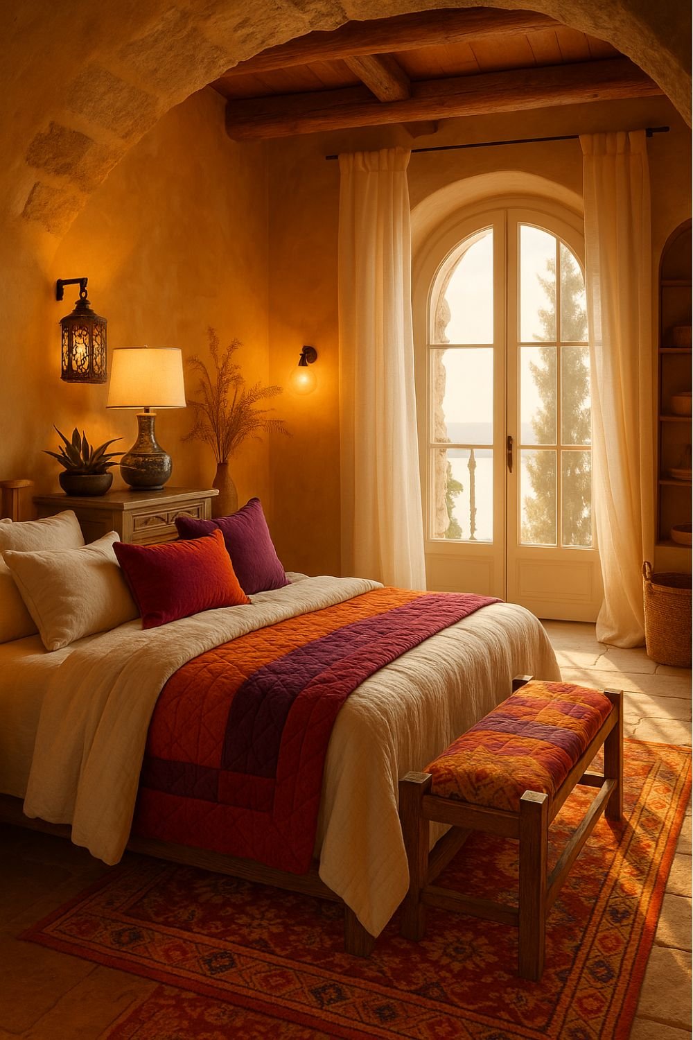 Warm-toned Tuscan bedroom with rustic stone arches and vibrant bedding