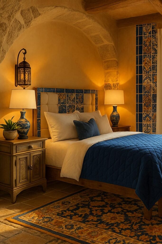 Cozy Tuscan bedroom with arched stone alcove, deep blue bedding, and traditional ceramic lamps