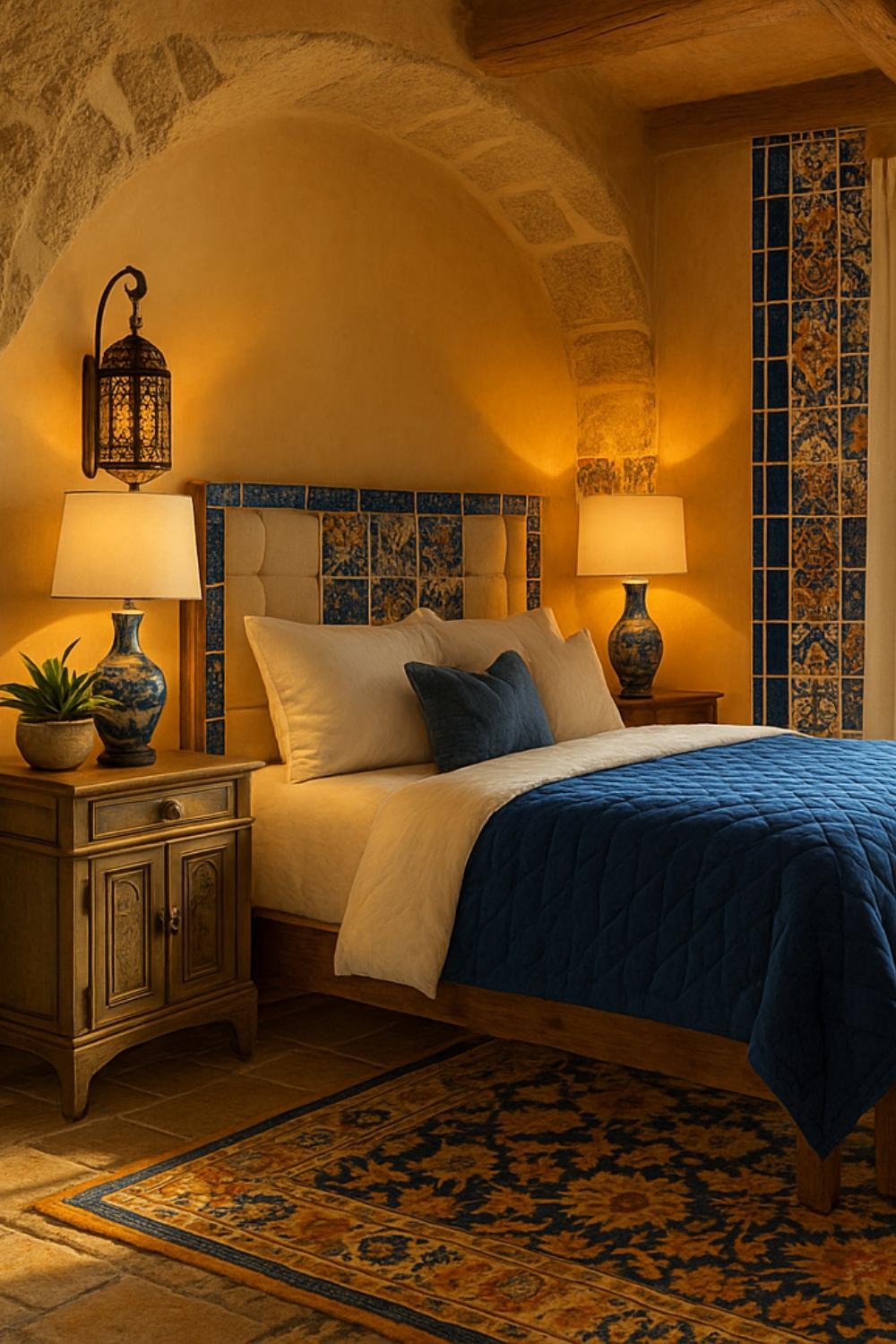 Cozy Tuscan bedroom with arched stone alcove, deep blue bedding, and traditional ceramic lamps