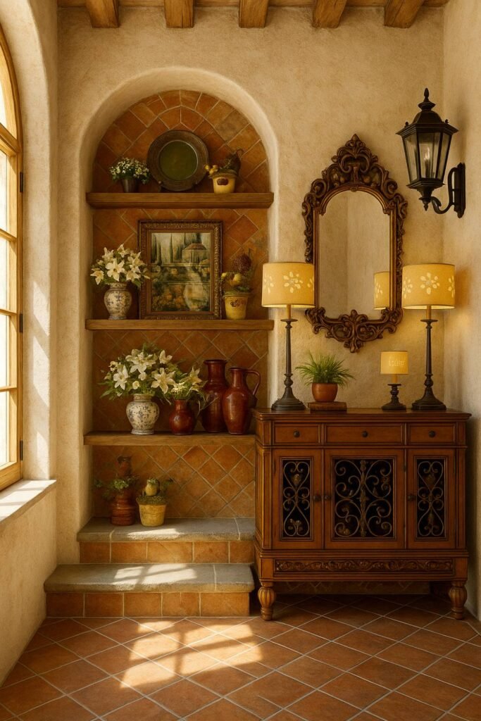 Classic Tuscan decor with terracotta tiles, ornate mirror, and antique-style console