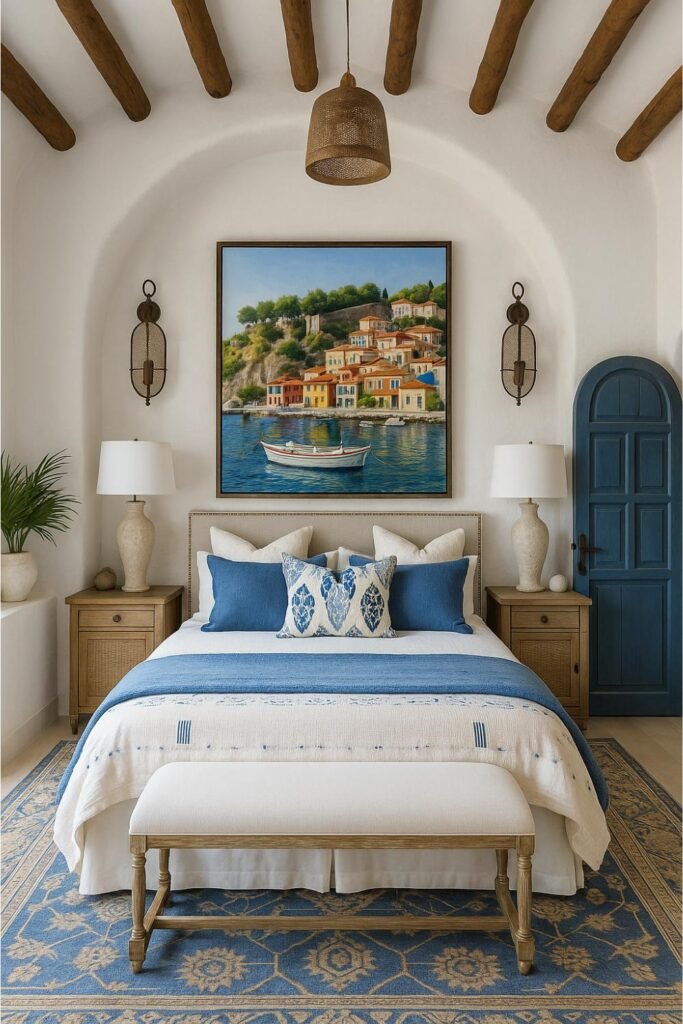 Bright Mediterranean bedroom with arched ceiling, blue accents, and coastal artwork above the bed