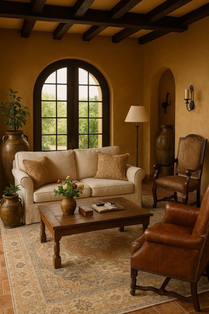 Warm Tuscan-style living room with arched window, beige sofa, leather chair, terracotta walls, and rustic decor