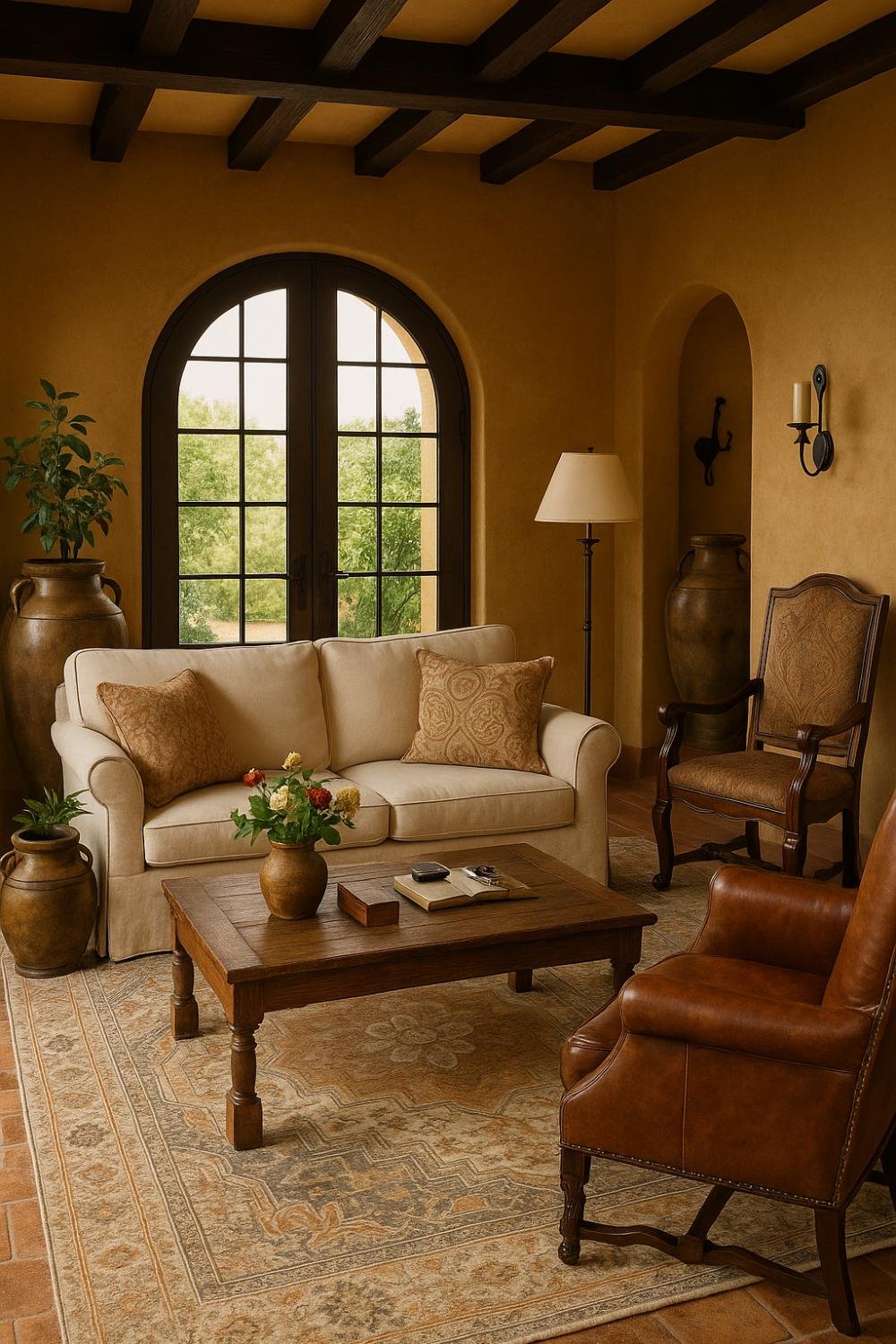 Warm Tuscan-style living room with arched window, beige sofa, leather chair, terracotta walls, and rustic decor