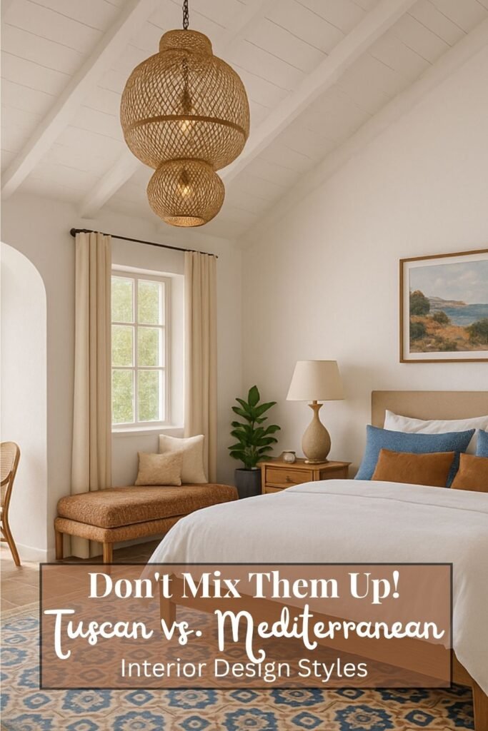 Bright Mediterranean bedroom with white walls, woven pendant light, and earth-toned decor blending comfort and coastal charm
