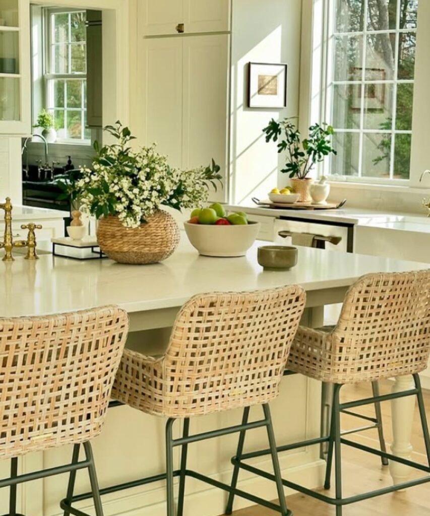 Woven vase with white flowers on a sunny white kitchen island.