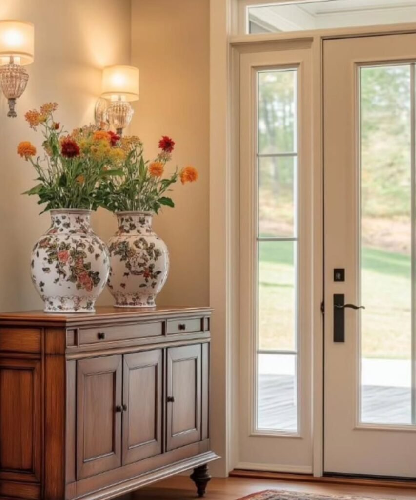 Pair of large ceramic floral vases with colorful flowers on entryway console.