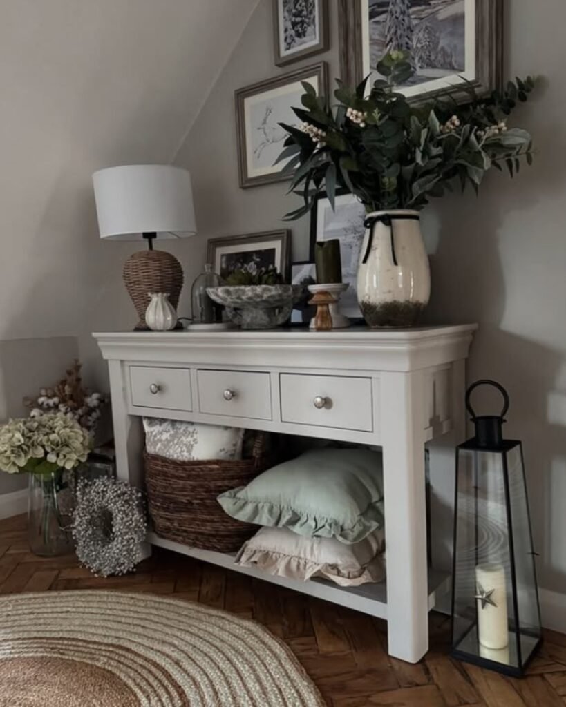 Mixed ceramic vases and florals in a wicker tray for casual decor.