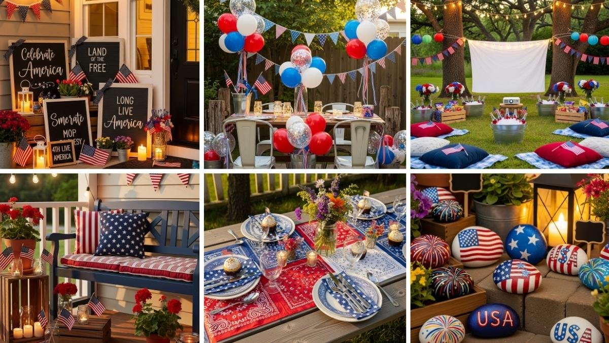 Collage of 4th of july decor ideas including patriotic crafts, porch decorations, and red, white, and blue snacks.