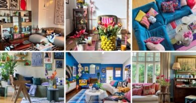 Collage of 12 eclectic living rooms featuring colorful sofas, vintage decor, bookshelves, and layered cozy home designs.