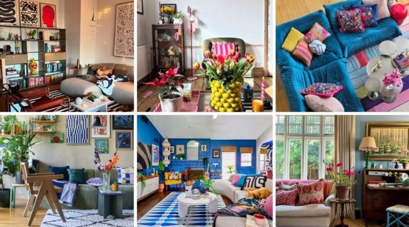 Collage of 12 eclectic living rooms featuring colorful sofas, vintage decor, bookshelves, and layered cozy home designs.