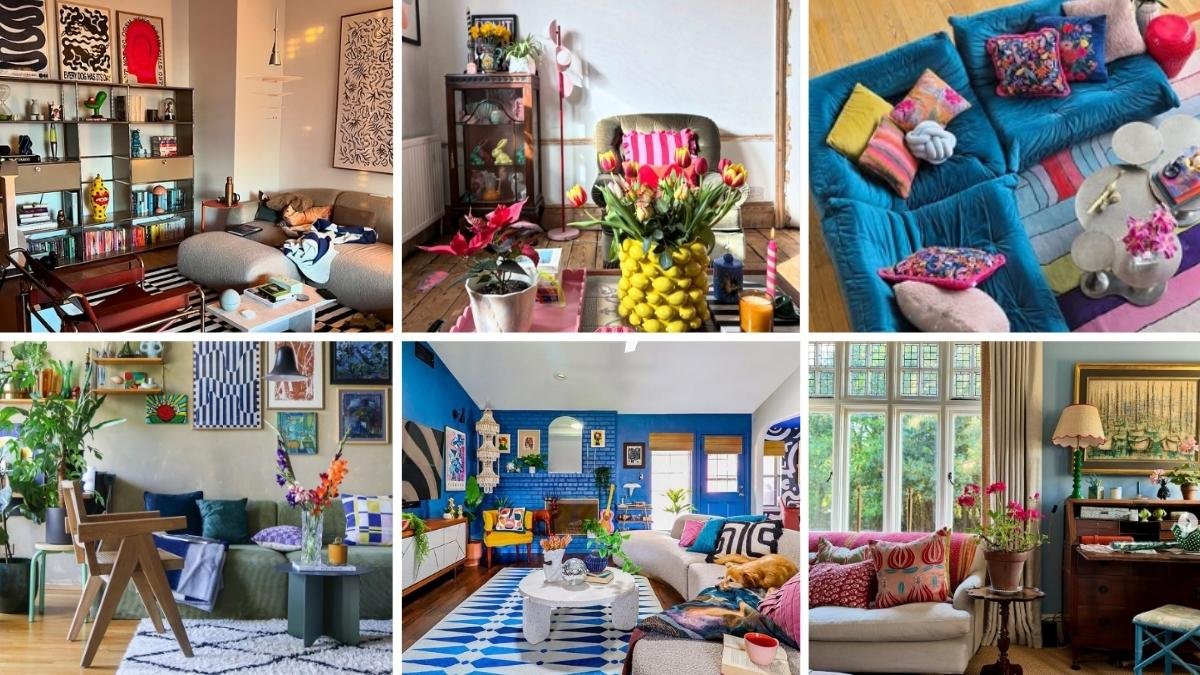 Collage of 12 eclectic living rooms featuring colorful sofas, vintage decor, bookshelves, and layered cozy home designs.