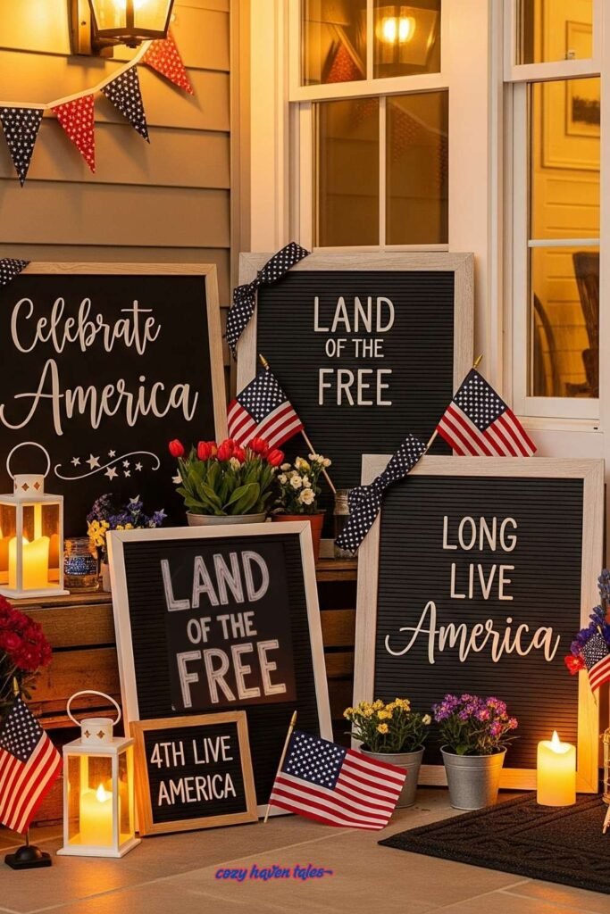 Chalkboard-style display board with patriotic message