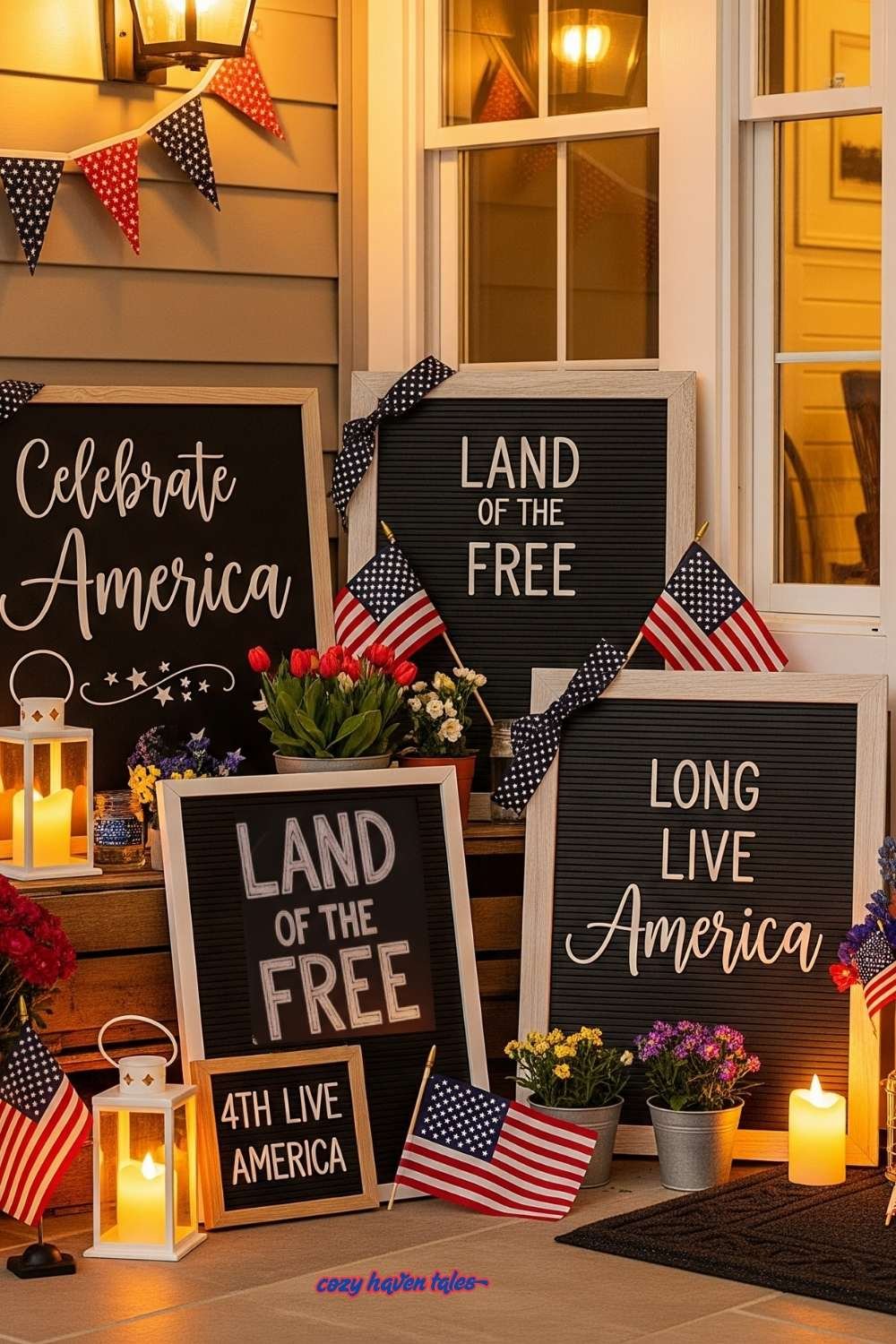 Chalkboard-style display board with patriotic message