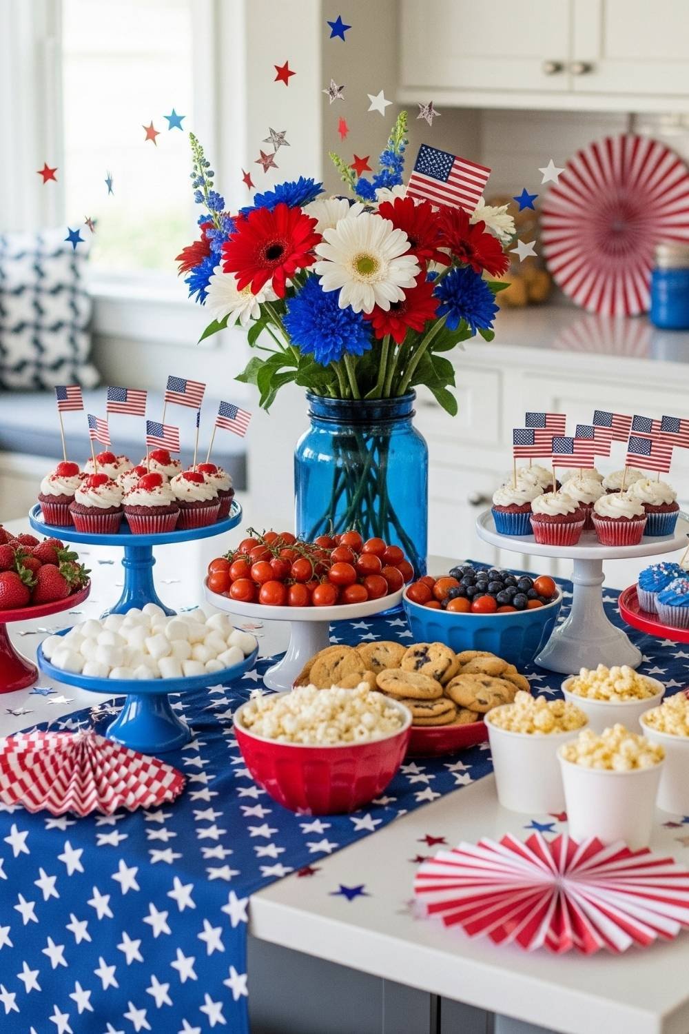 Kitchen island decorated with red, white, and blue finger foods and a patriotic tablecloth.