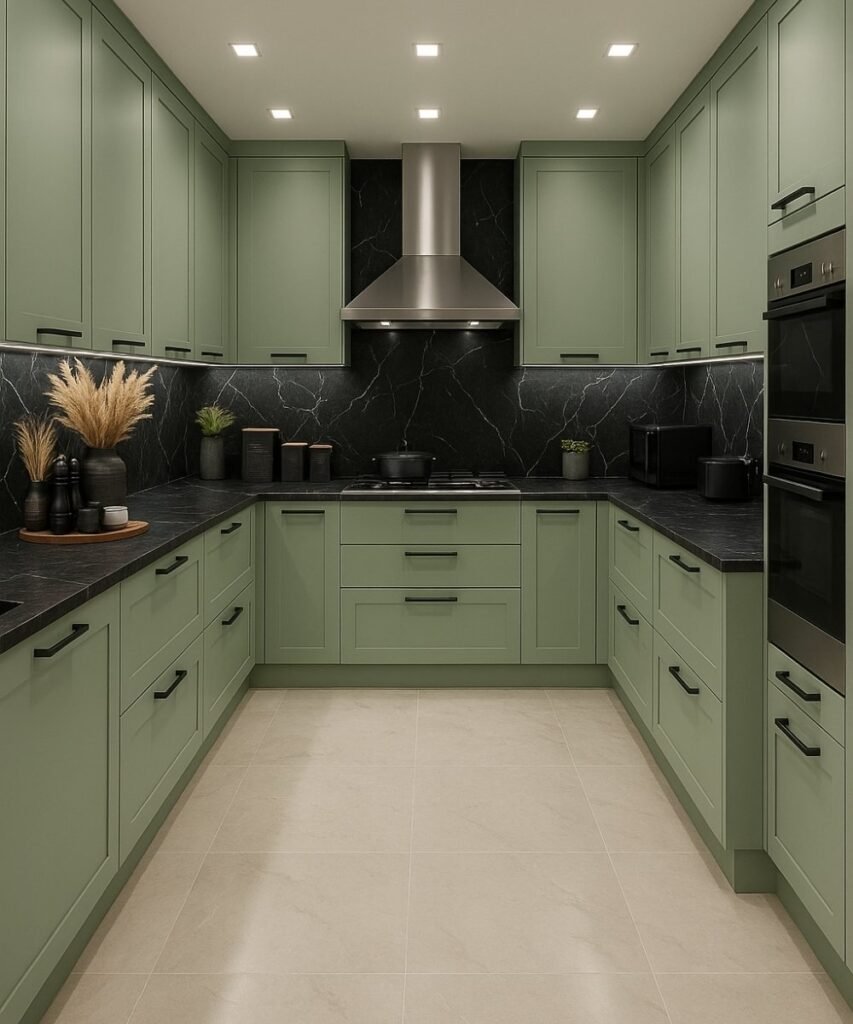 Deep sage green kitchen with black marble backsplash and countertop in a U-shaped layout