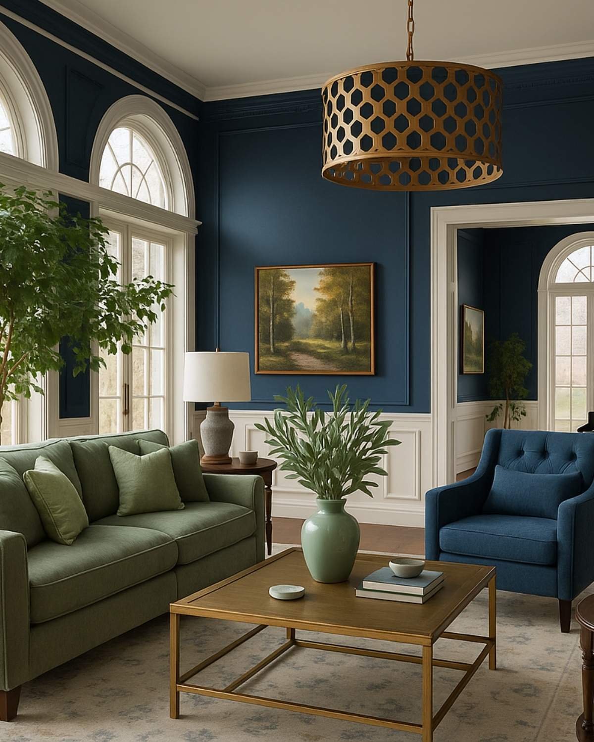 Navy blue chair beside olive green sofa in a room with dark blue walls and tall arched windows.