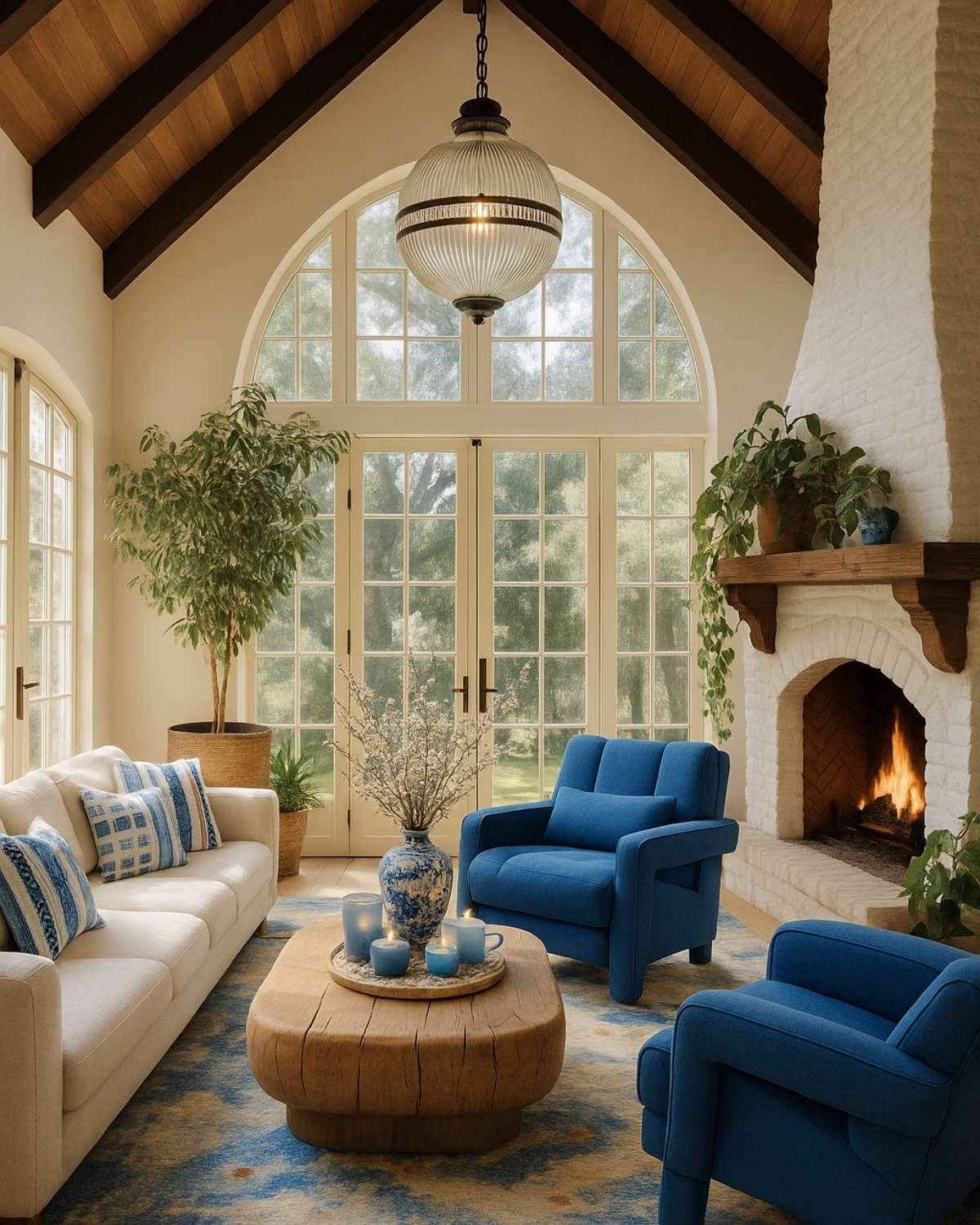 Deep blue accent chair in a vaulted-ceiling living room with fireplace and white-beige tones.