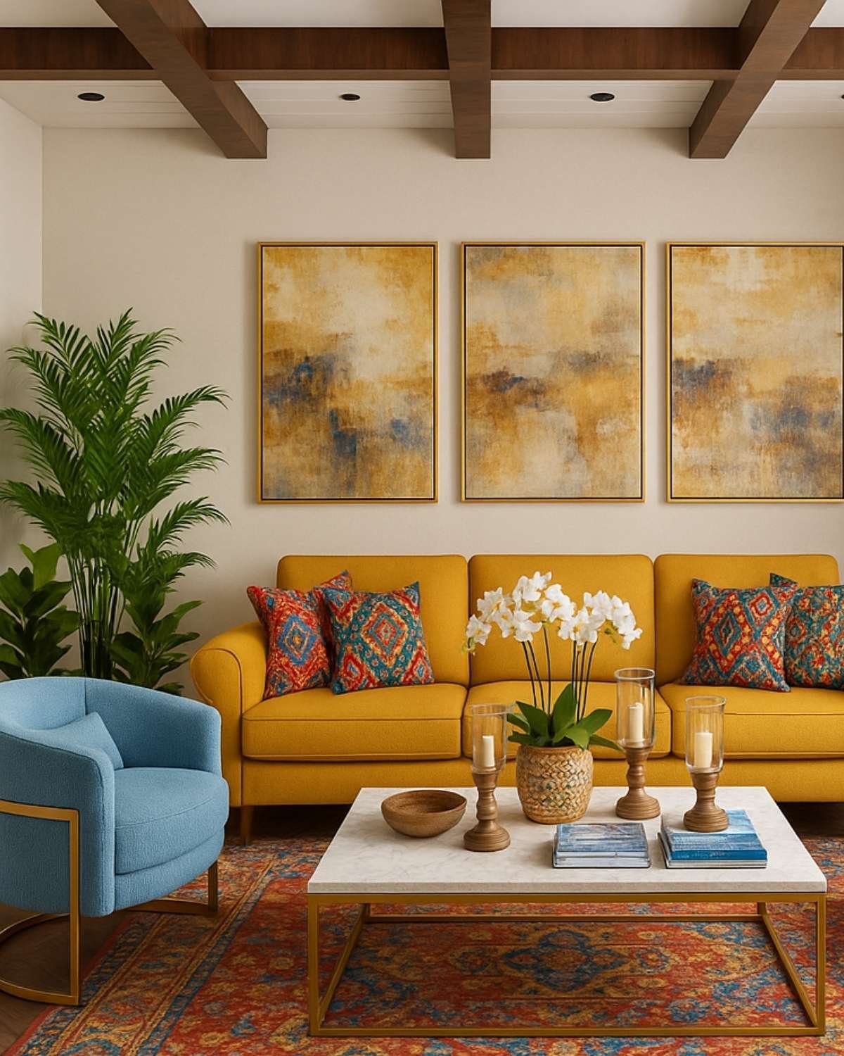 Soft blue curved chair paired with mustard yellow sofa and minimalist paneled wall.
