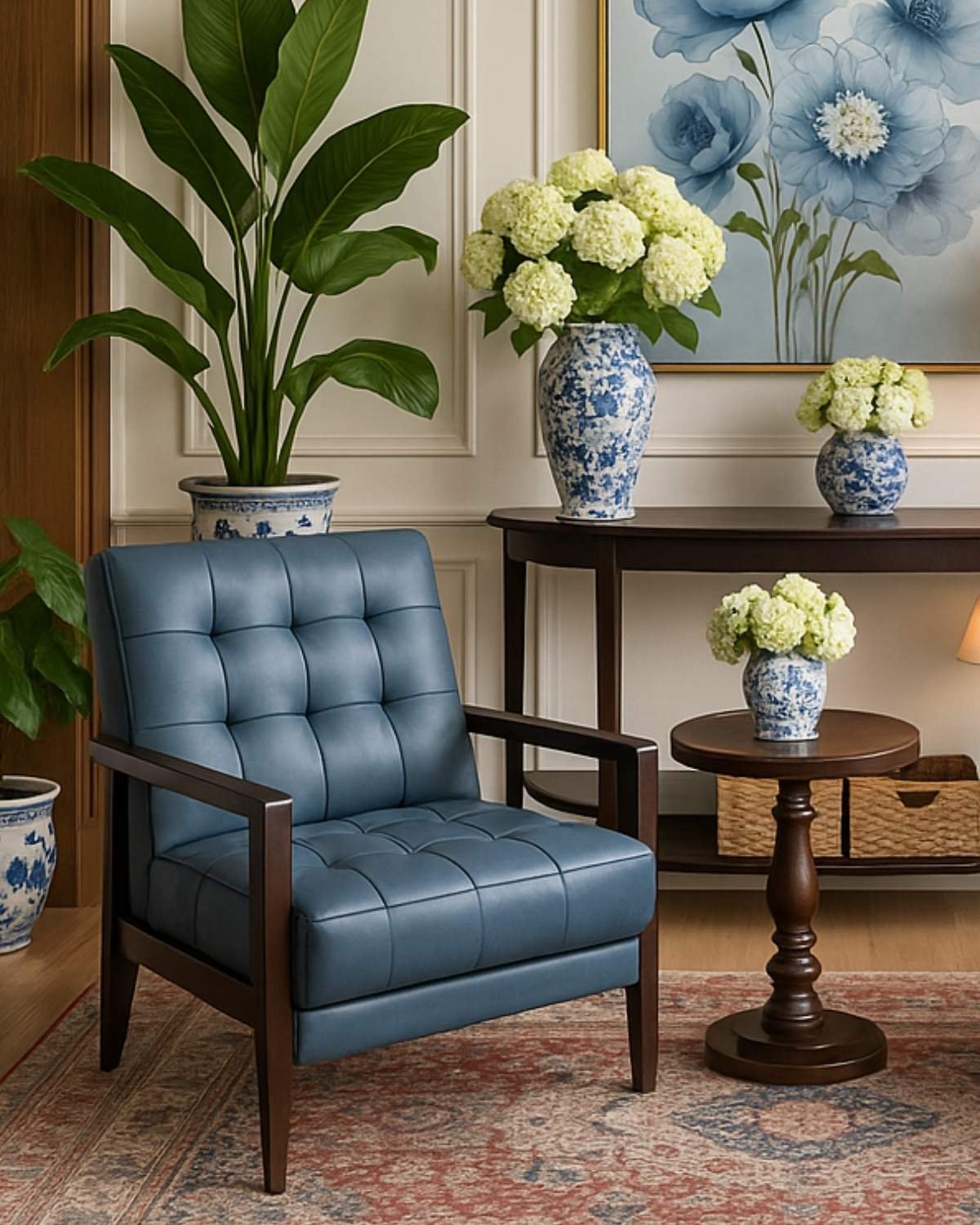 Tufted blue leather accent chair with wooden frame beside floral vases and indoor plant.