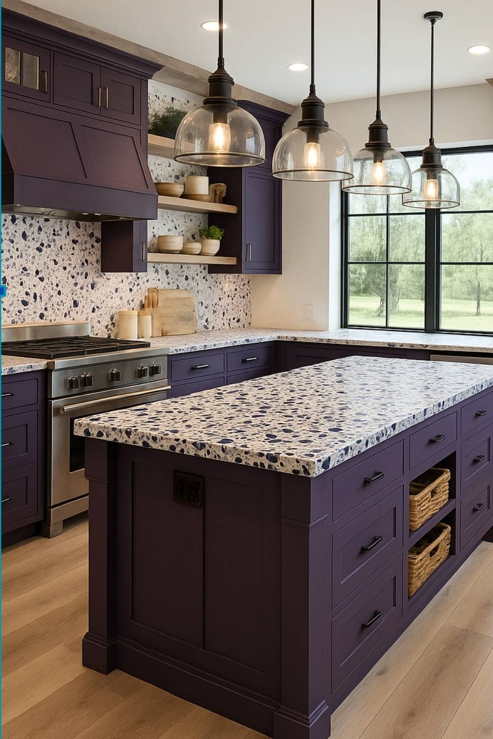 Deep purple kitchen with mosaic island and pendant lights