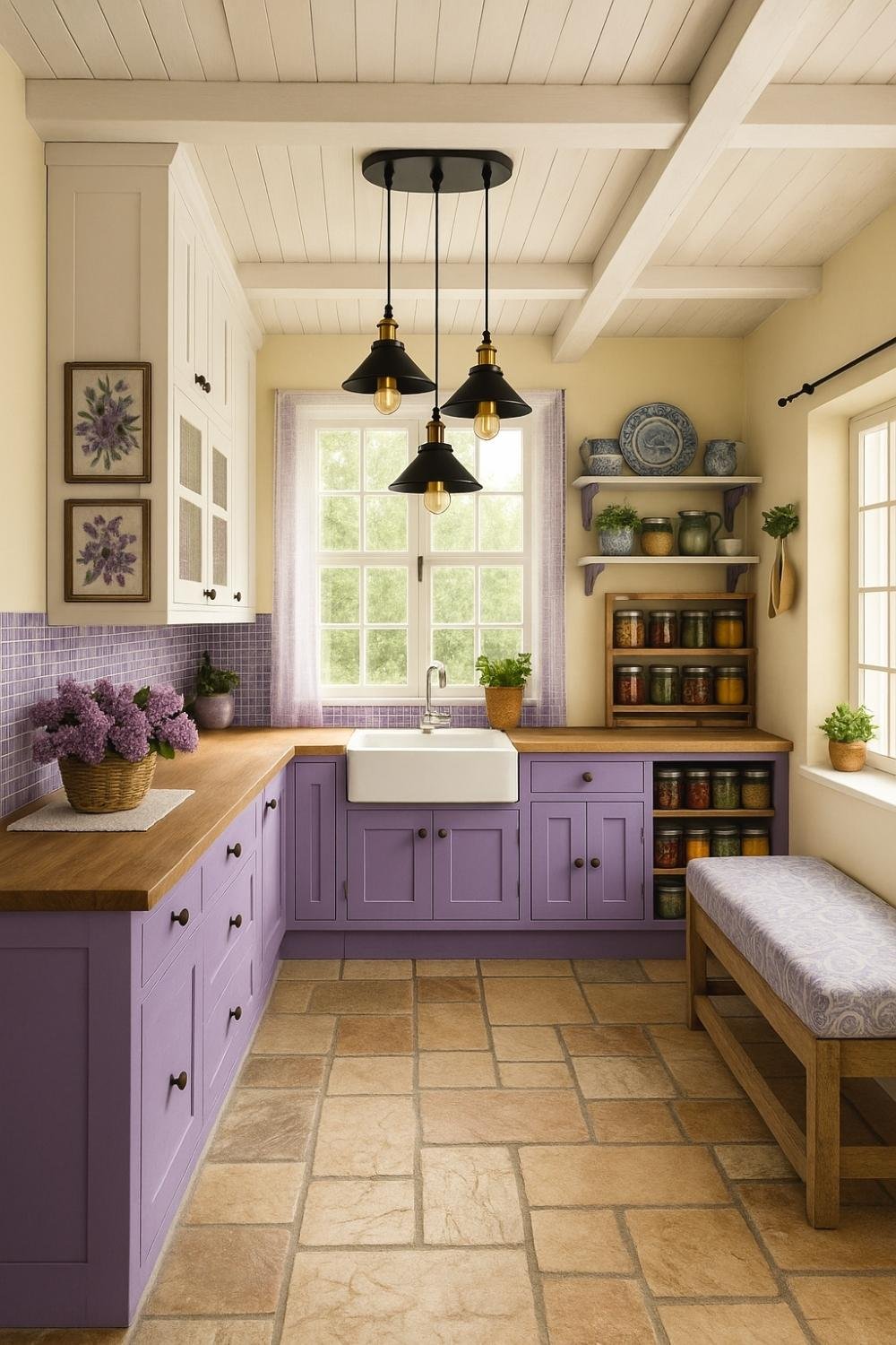 Soft lavender kitchen with beige walls, wooden accents, and warm lighting
