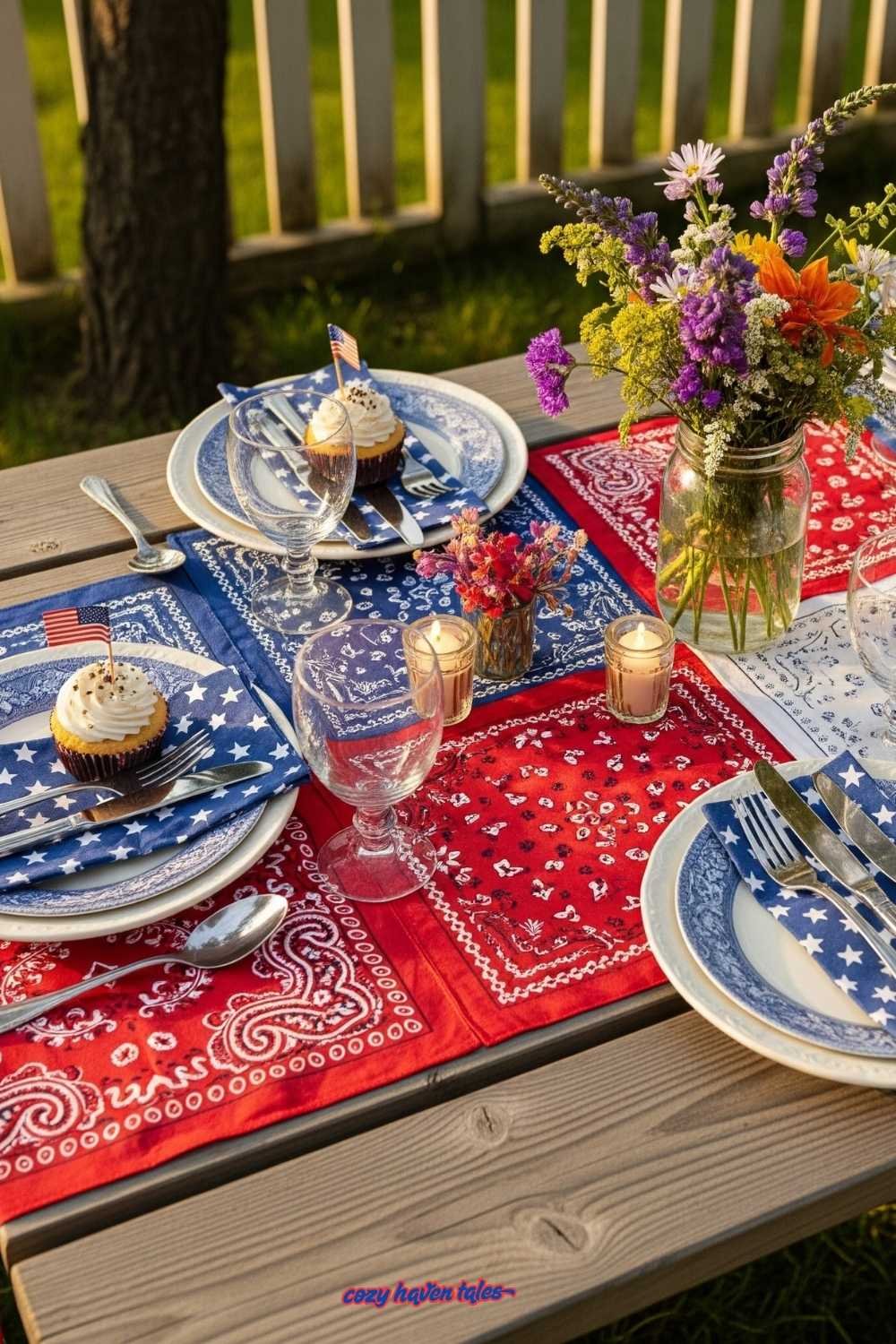 Outdoor dining table decorated with a red, white, and blue bandana-style tablecloth.