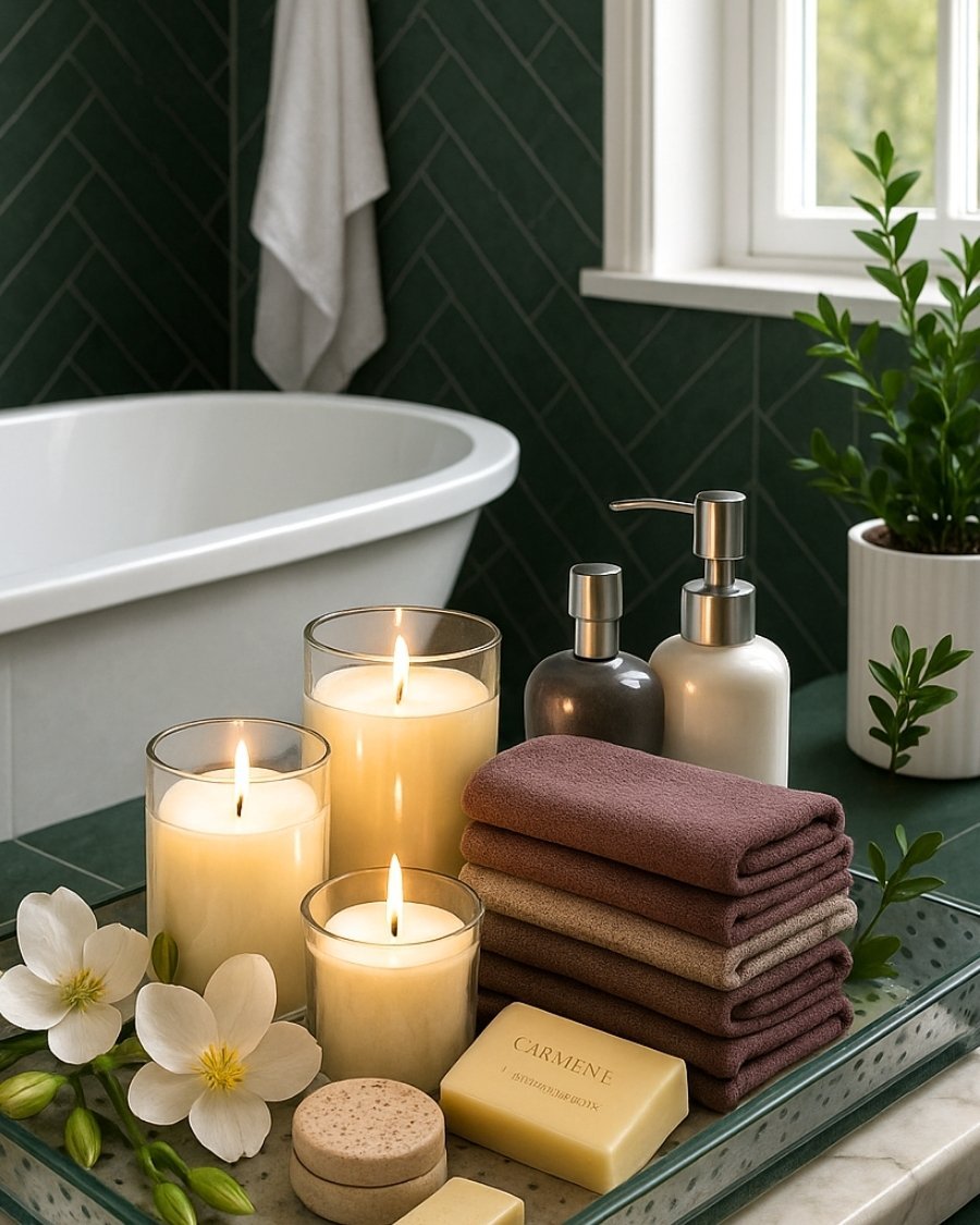 Spa-style bathroom setup with candles, soap, folded towels, and greenery near a tub